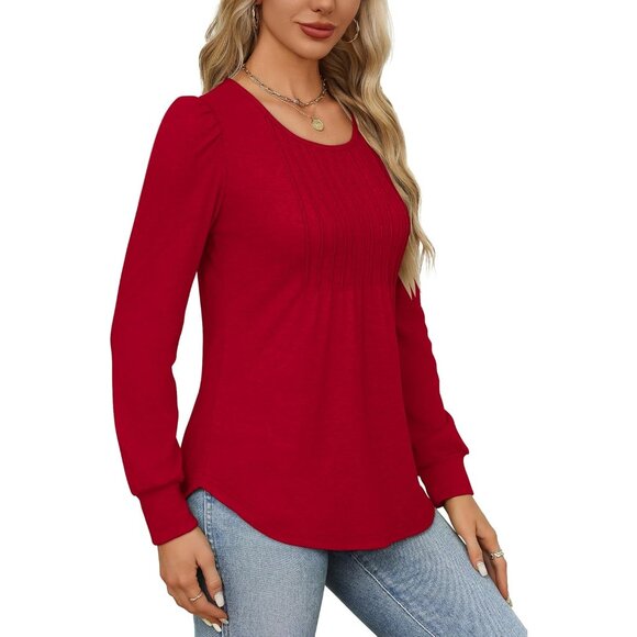 Fall Casual Pleated Scooped Neck Tunic Leggings Long Sleeve Shirts for Women - Picture 4 of 5